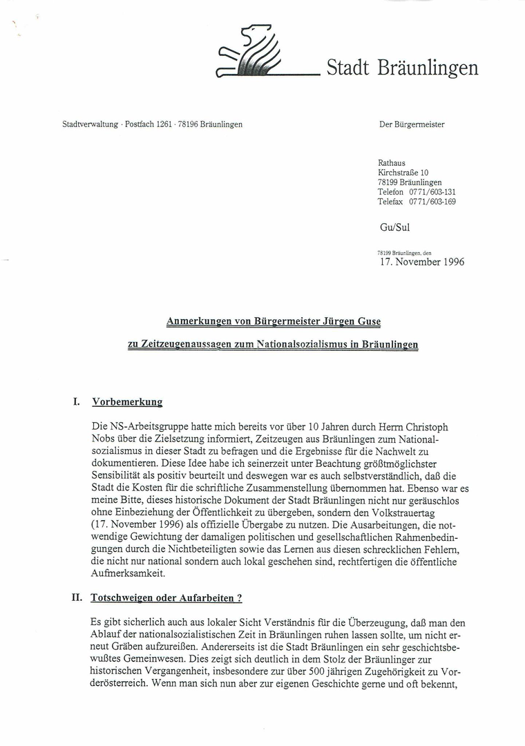 Schreiben vom Bürgermeister J. Guse - Stadt Bräunlingen - 1996 (Seite 1) 