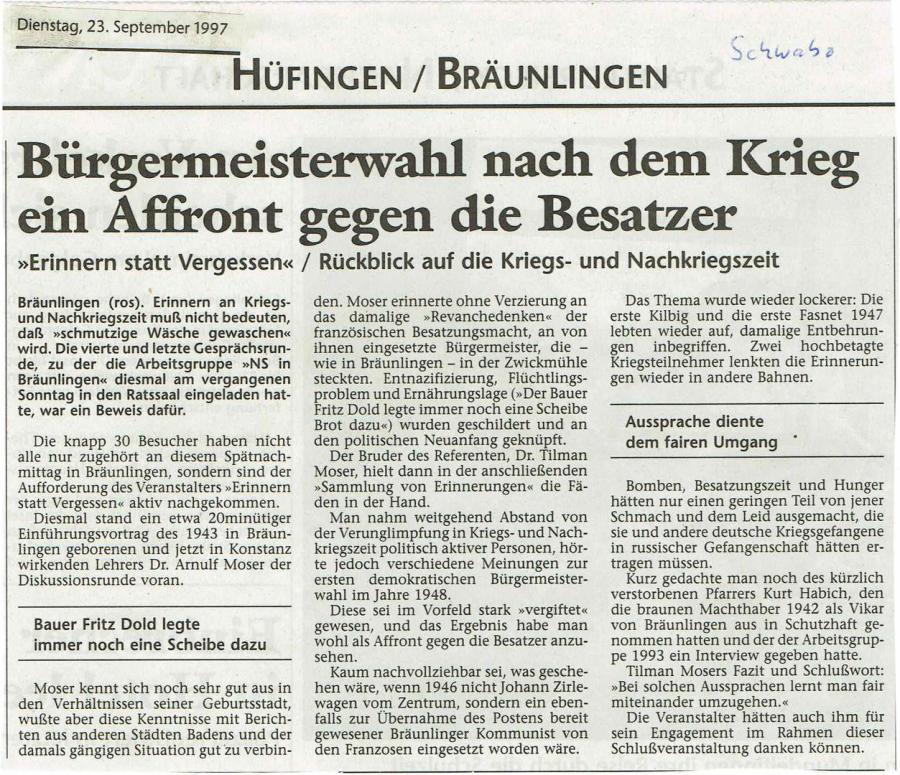 Bürgermeisterwahl nach dem Krieg, ein Affront gegen die Besatzer - Schwabe 23.09.1997