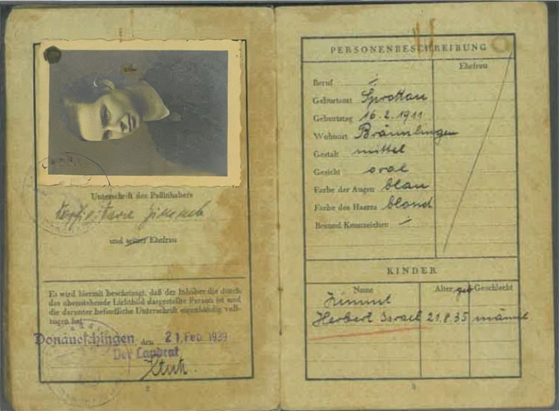 Reisepass von Sophie Zimmt aus der Nationalsozialismus Zeit. Mit Beachtung des Erstelldatums, das Bild steht im Besitz von Joachim Schweitzer aus Bräunlingen. - Geschichtswerkstatt Bräunlingen Reisepass_ns-zeit_Sophie_Zimmt_Geschichtswerkstatt_Braeunlingen
